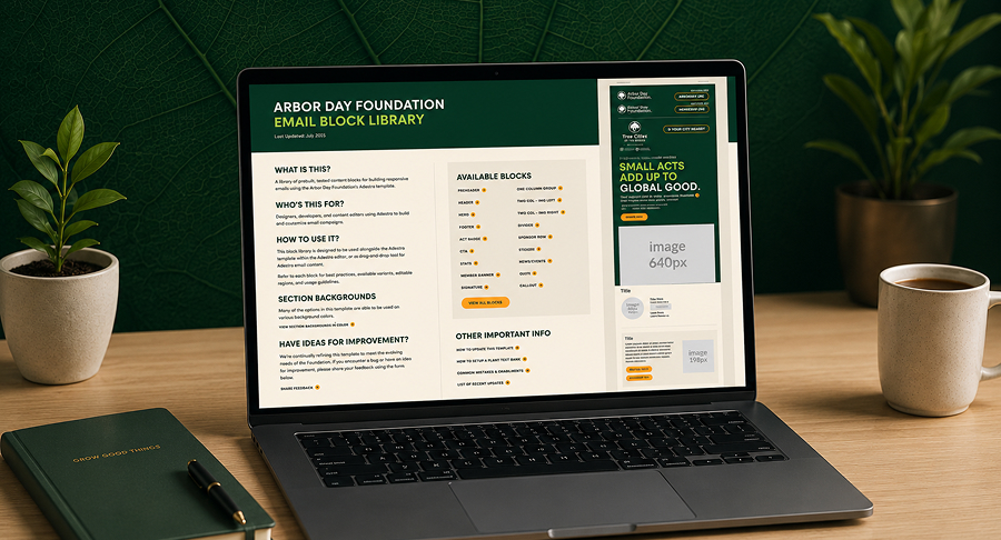 A laptop on a desk showing the Arbor Day Foundation email block library