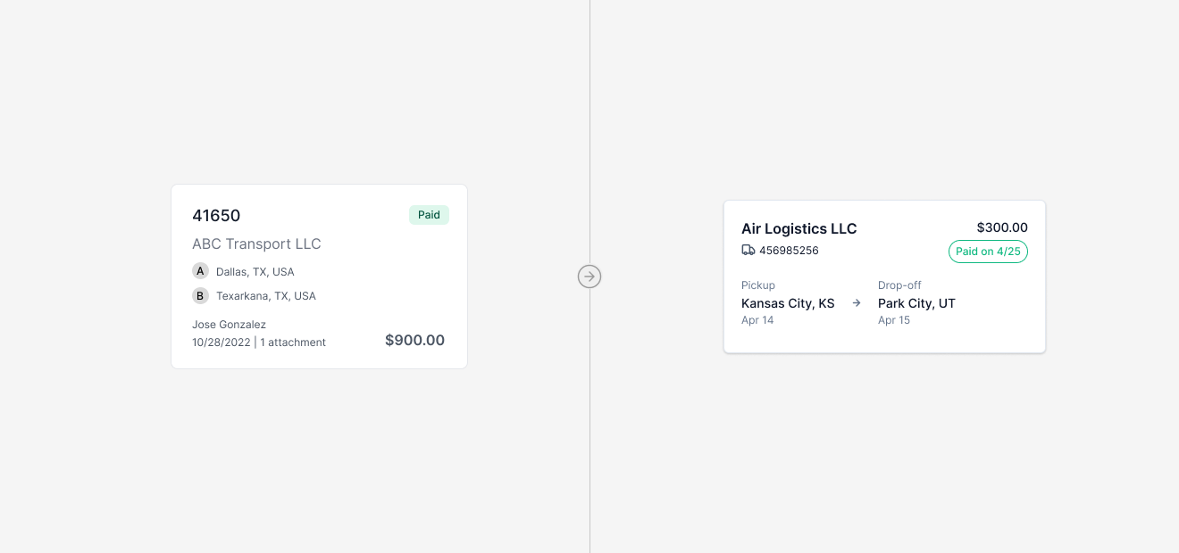 Two load cards side by side. The old card leads with a large PO number, 41650, with the broker ABC Transport LLC in gray beneath it and the pickup and drop-off cities as small lettered rows further down. The reworked card leads with the broker name, Air Logistics LLC, then the load number, and puts the pickup and drop-off, Kansas City, KS to Park City, UT, on their own labeled line with dates.