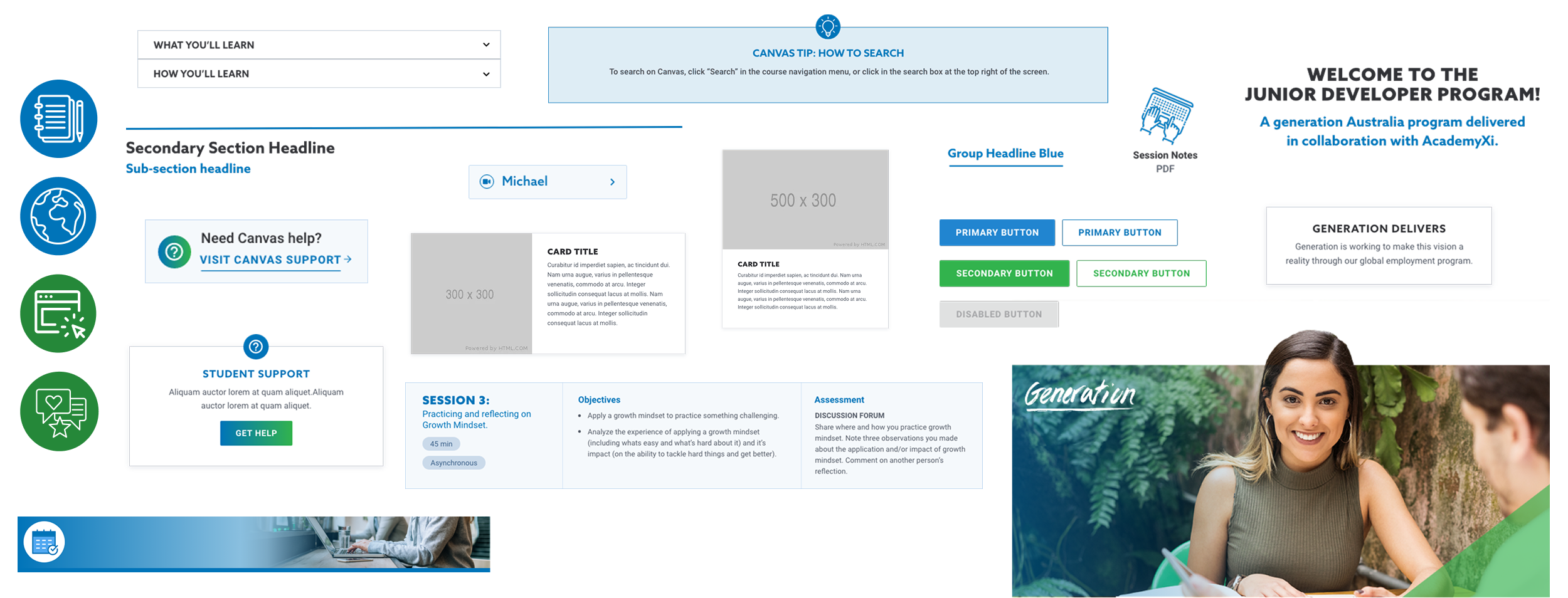 A montage of the finished Generation component library: program icons, a branded course banner, accordions, a Canvas tip callout, content and video cards, primary and secondary button styles, a student support block, a session block with objectives and assessment, and a course welcome header.