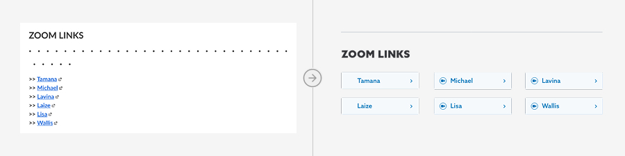 Links prefixed with typed chevron characters, beside the same links as a list component.