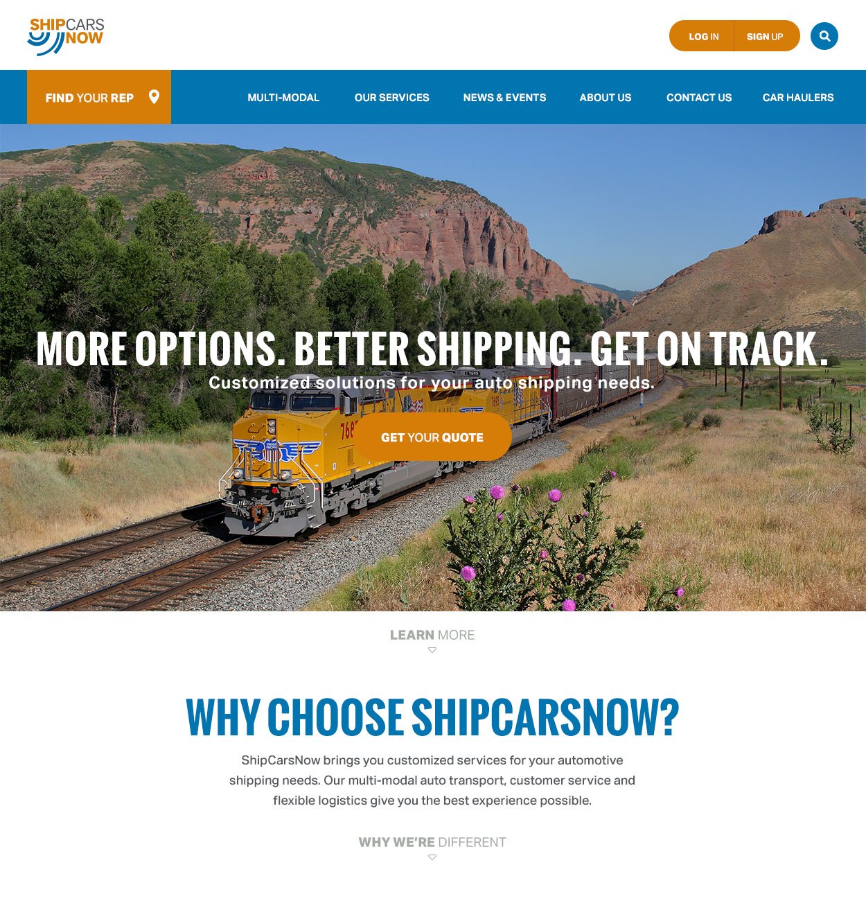 The ShipCarsNow homepage: a full-width photo of a Union Pacific train with the headline More options. Better shipping. Get on track., a Get your quote button, and a Why choose ShipCarsNow section below it.